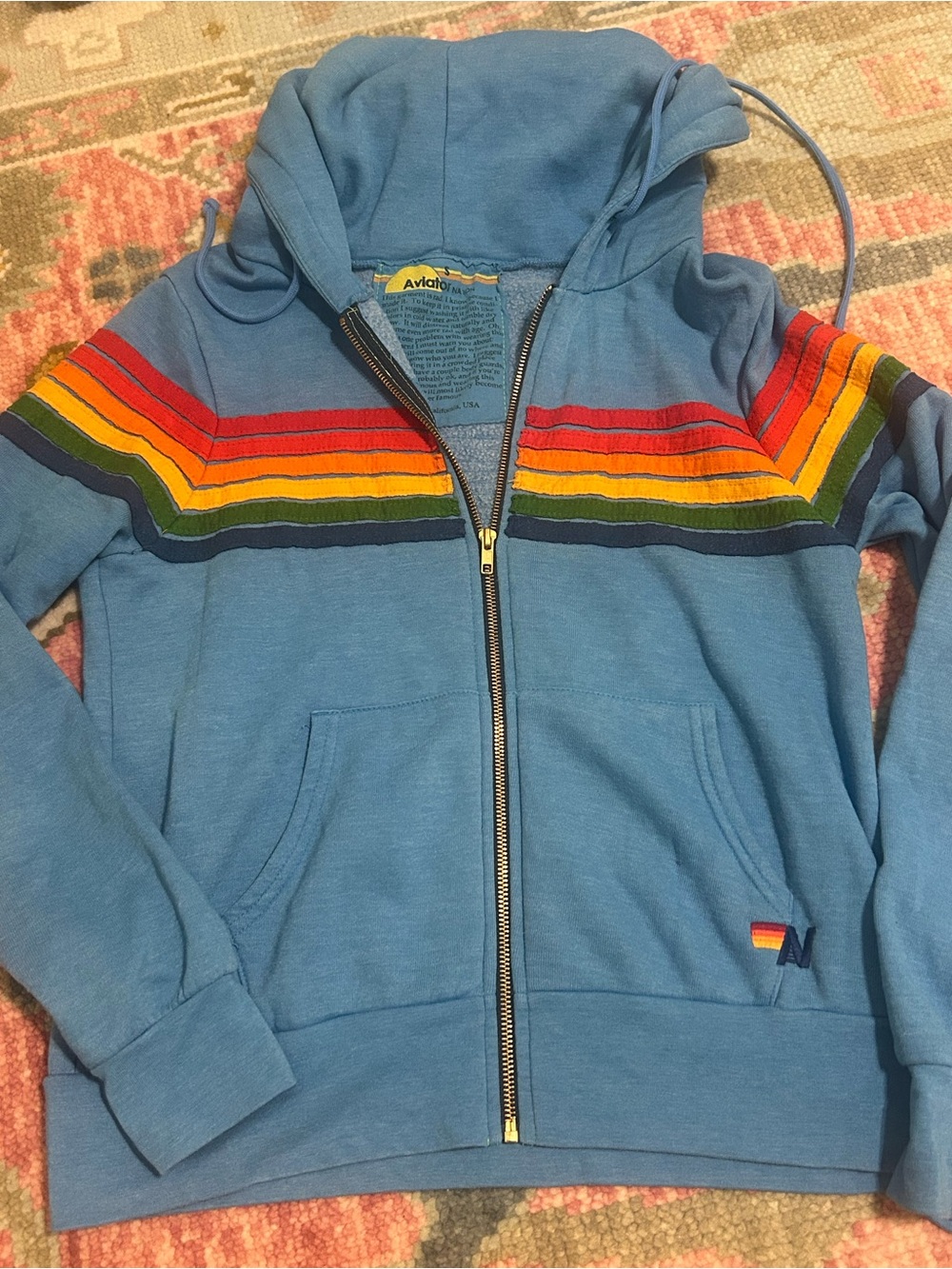Aviator Nation ladies Light Blue Zip Hoodie with Rainbow Chest Stripes